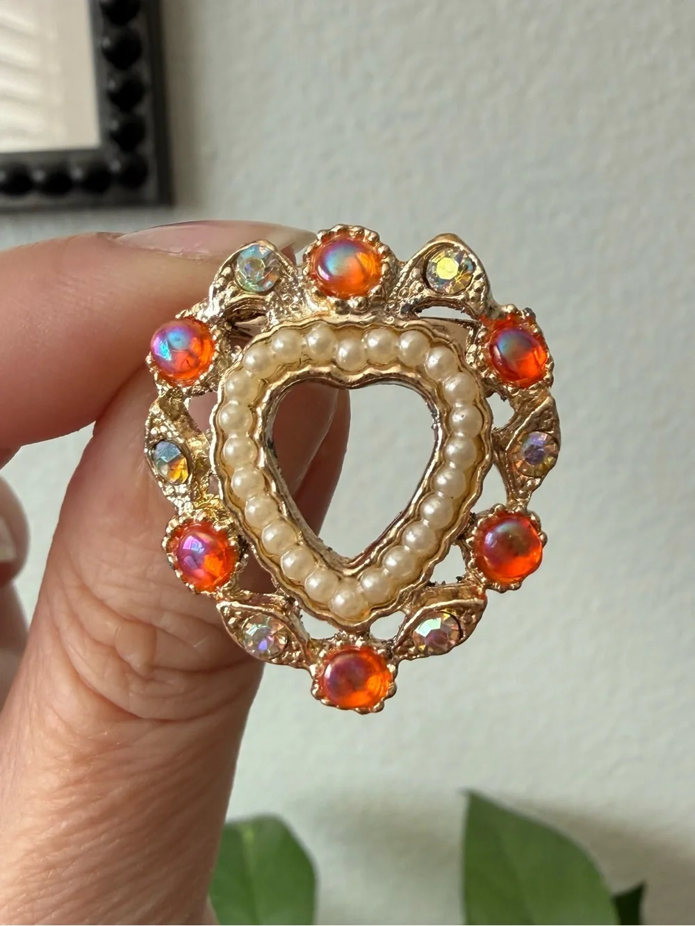 Vintage AB Orange Pink Cabochon & Crystal Rhinestones Pearls Heart Brooch Pin